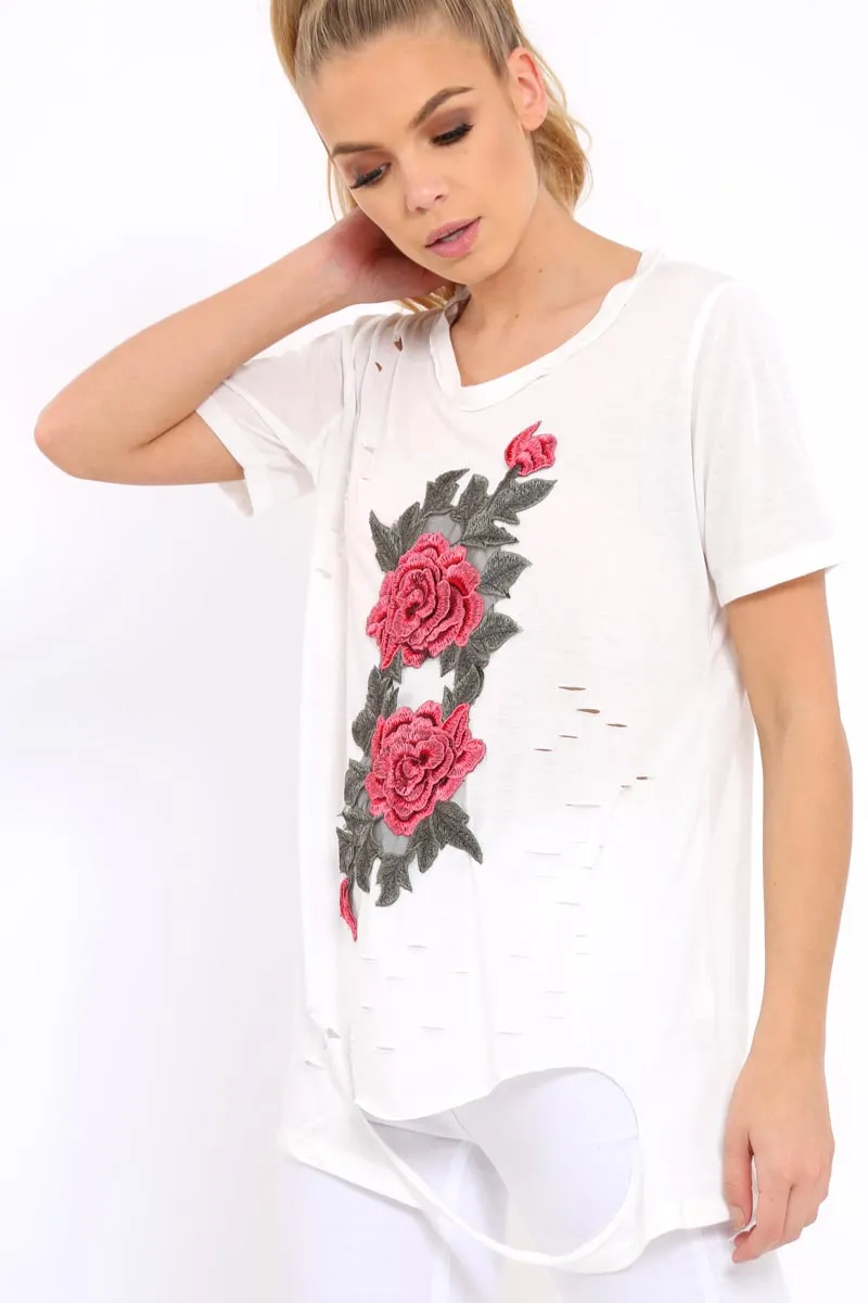 White Applique Slashed Over Sized T-Shirt - Louella