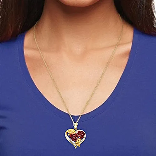 Yellow Chimes Fashion Gold Plated Rose Flower Crystal Heart Design Pendant for Women and Girls, Medium