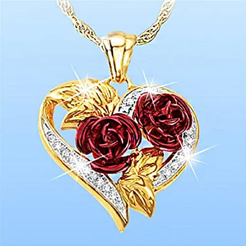 Yellow Chimes Fashion Gold Plated Rose Flower Crystal Heart Design Pendant for Women and Girls, Medium